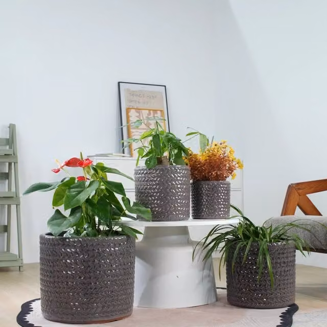 Desviae Vasi da fiori in ceramica 4 pezzi grigi smaltati con rilievo a spina di pesce per interni e balcone