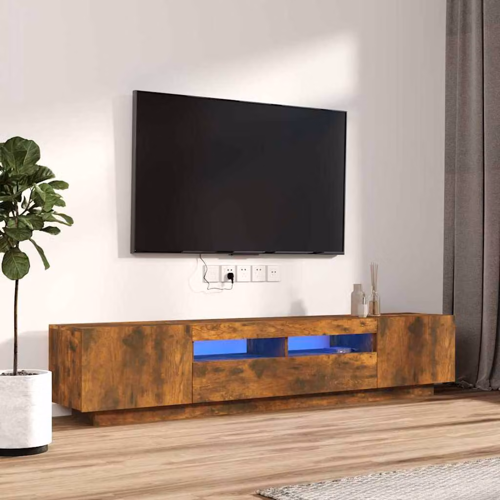 Set di mobili TV moderno vidaXL in legno multistrato e MDF, 2 pezzi con luci LED integrate, colore Rovere Fumo