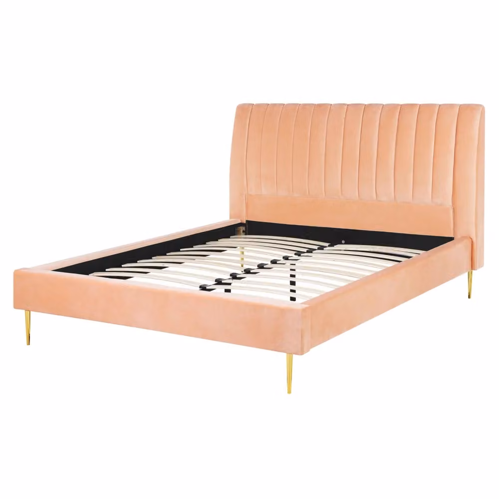Letto imbottito Beliani in velluto rosa e oro con testiera alta e rete a doghe L/P: 160 x 200 cm – 2
