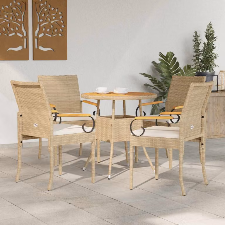 Set di 4 sedie da giardino vidaXL in polyrattan e legno di acacia con cuscini beige e bianco crema