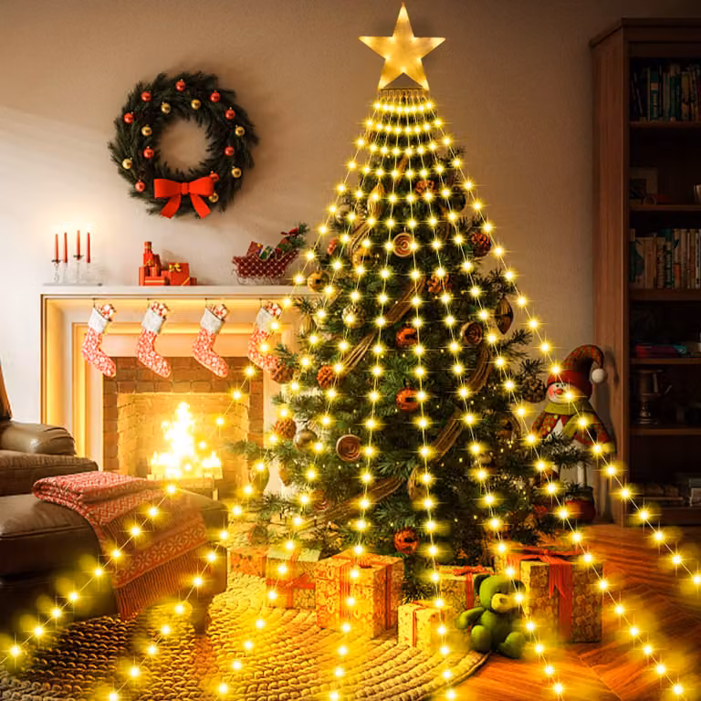Luci natalizie a LED con stella - Tenda luminosa da 298 LED, 8 modalità, timer, IP44 per interni ed esterni - 3,5 m x 8 ghirlande, bianco caldo, filo di rame