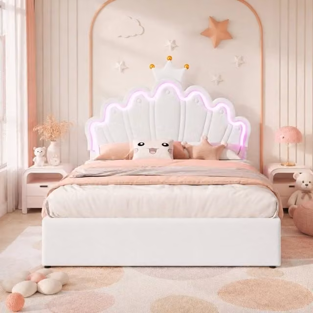 Letto per bambini con corona; LED multicolore e 2 cassetti; 140 x 200 cm; PU bianco