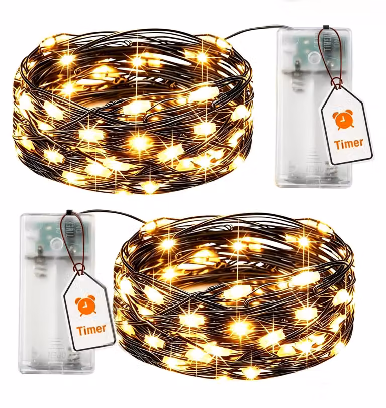 Set di 2 catene luminose con timer, lunghezza 3 metri, 30 LED, luce bianco caldo