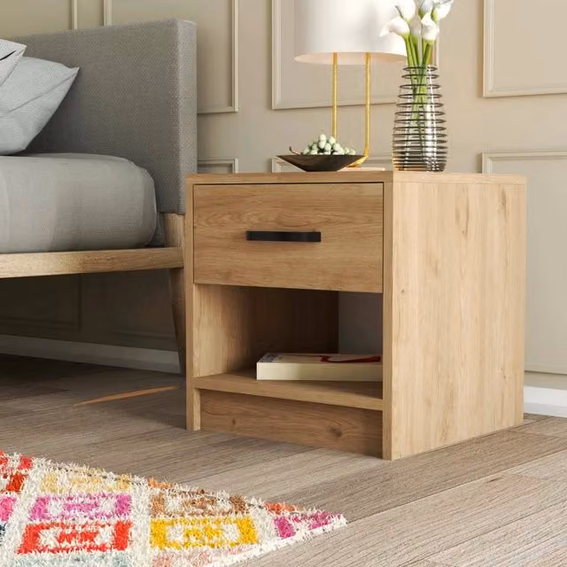 Comodino con un cassetto DMORA in legno rovere marrone, stile moderno, L: 52 cm, P: 45 cm, H: 47 cm
