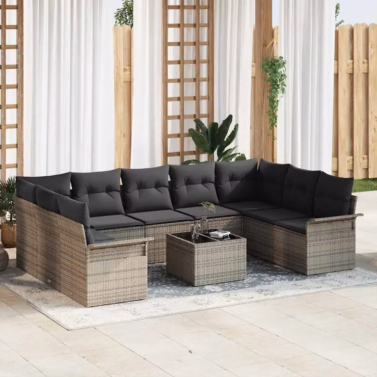 Set Divano da Giardino vidaXL 10 Pezzi Grigio con Cuscini e Tavolino in Polyrattan e Acciaio