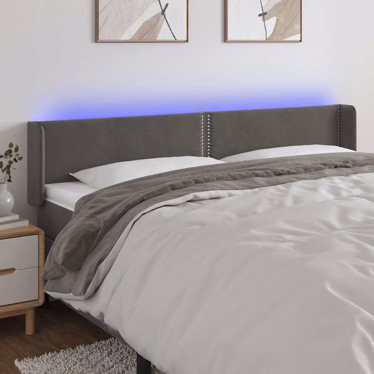 Testiera per letto vidaXL in velluto grigio con illuminazione LED e porta di ricarica USB, L: 163 cm, P: 16 cm, H: 78-88 cm