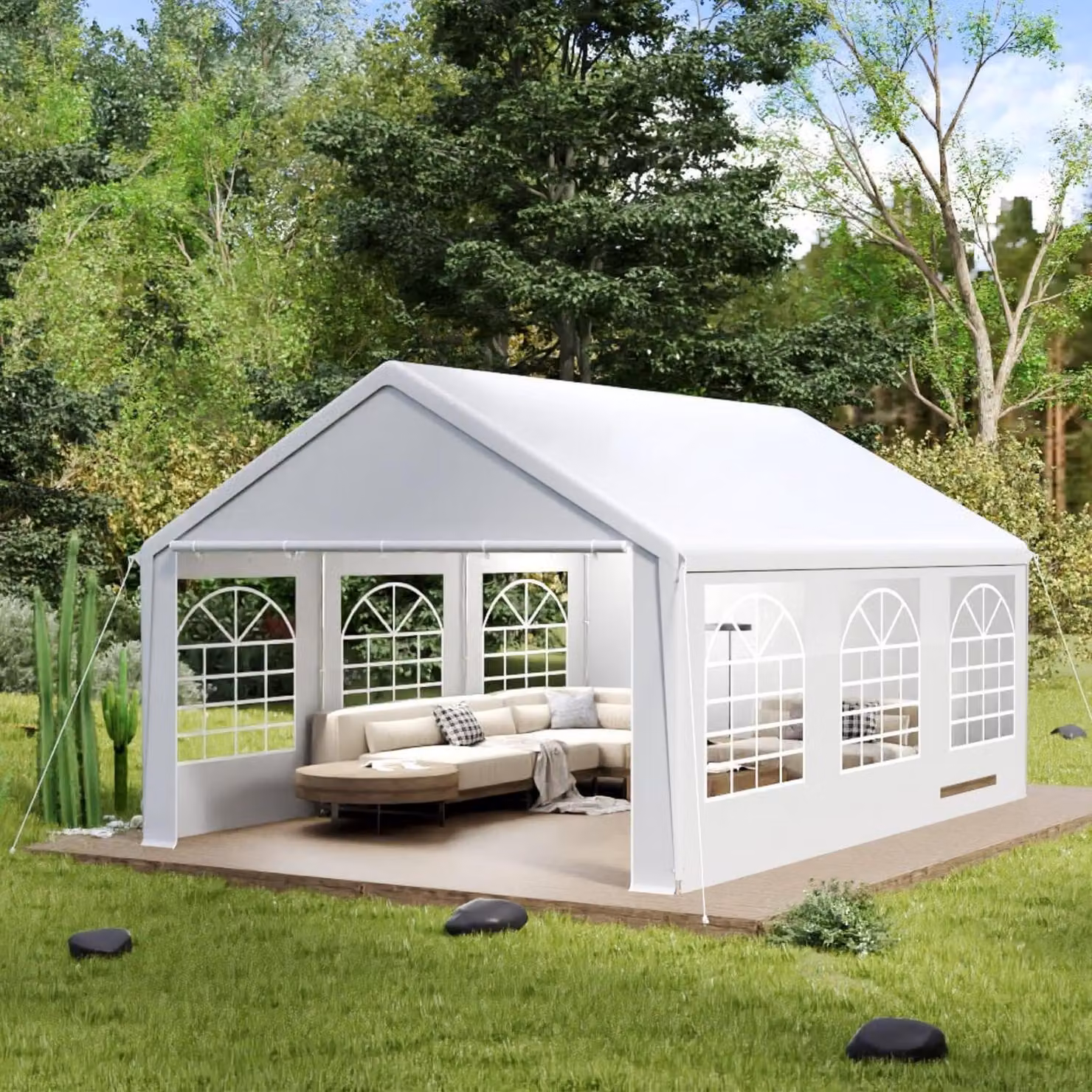 Tenda da festa 4x6 metri, colore bianco, realizzata in polietilene (PE) da 200g/m², con tetto da 130g/m². Pareti laterali con finestre e struttura in acciaio. Impermeabile e con protezione UV