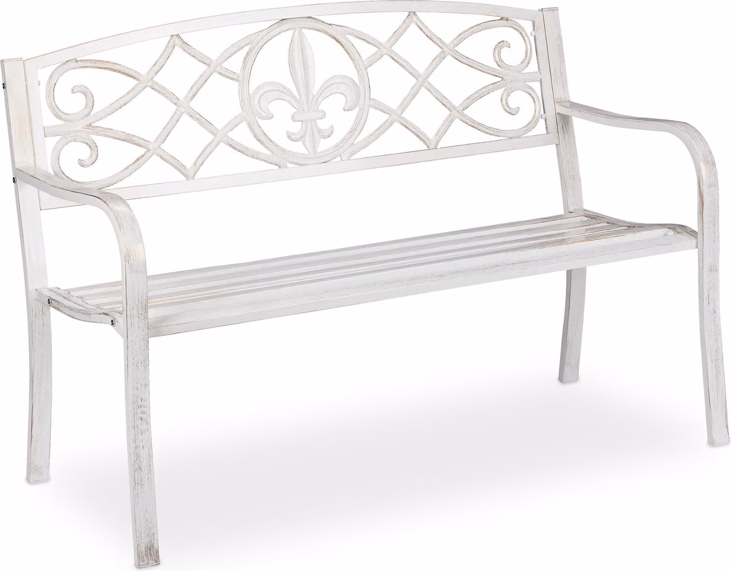 Panchina da giardino Relaxdays, robusta panchina da parco in metallo, panca con schienale in ghisa per esterni, 86x127x57 cm, bianco/bronzo
