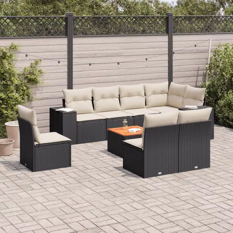 vidaXL Set Divani da Giardino 9 pz in Polyrattan Nero con Cuscini e Tavolino da Esterno