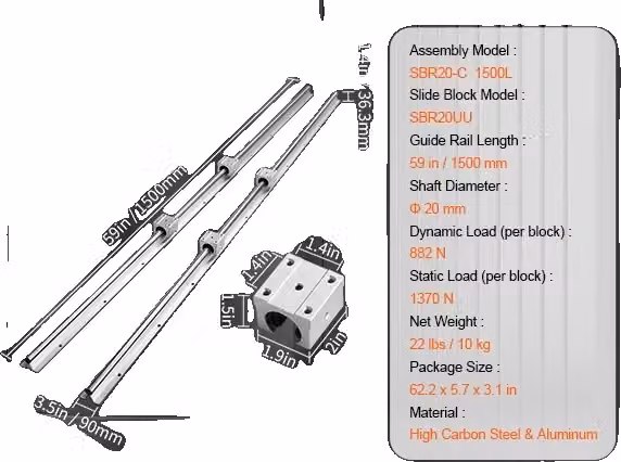 Guide lineari, movimento ad alta precisione, lunghezza 1500 mm, SBR20 1500MM