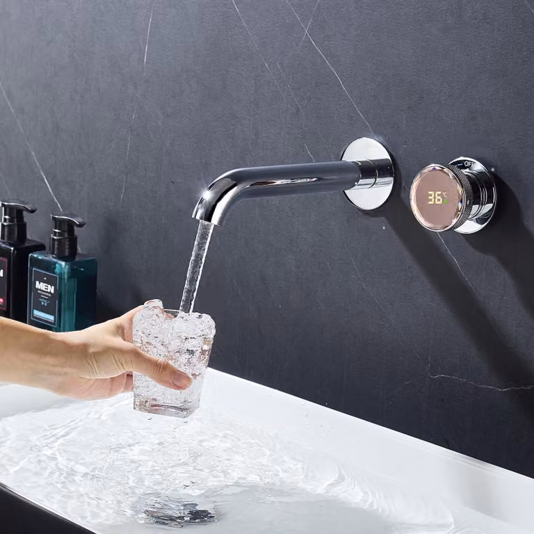 Miscelatore per lavabo, con indicatore LED della temperatura, 2 getti, 21 cm, ottone, cromato
