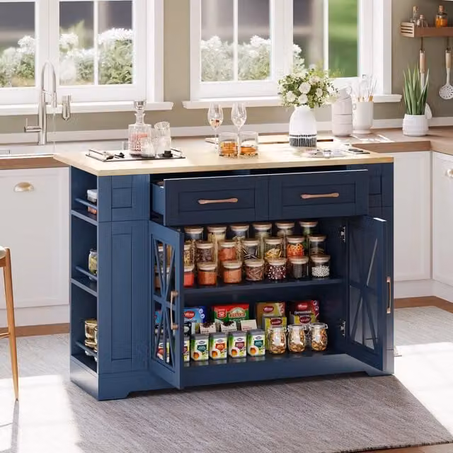 Isola da cucina portatile 120cm - Zephmum - Tavolo pieghevole, ripiano aperto, AC/USB, vetro, rotelle con freno