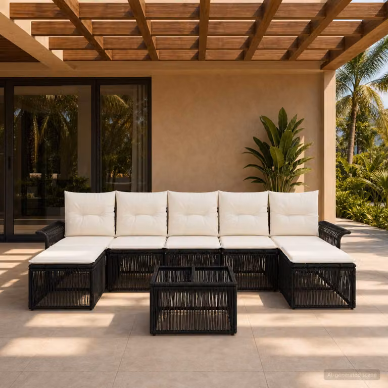 Set Divano da Giardino vidaXL 8 Pezzi a Forma di U Nero con Cuscini e Tavolino