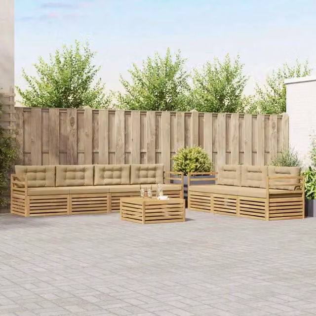 Set da giardino moderno vidaXL composto da 8 pezzi con divano a 3 posti, poltrone e tavolino da caffè in legno di acacia, colore bianco e beige con cuscini inclusi – 1
