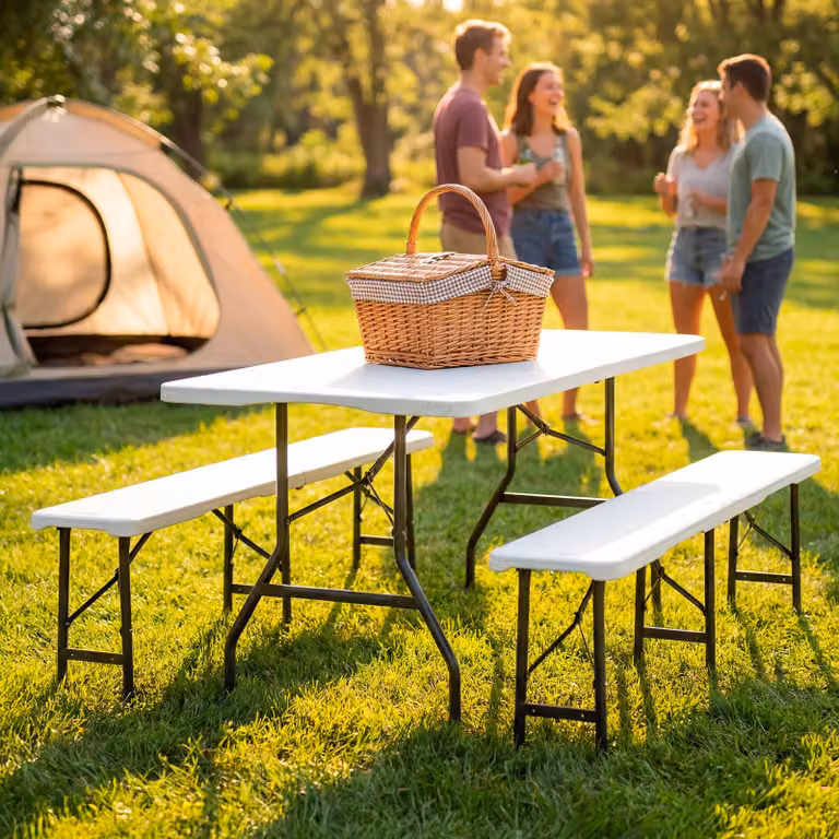 Set da tavolo da campeggio Panja tectake pieghevole per 8 persone, resistente alle intemperie, bianco, L: 120 cm, P: 74 cm, H: 70 cm