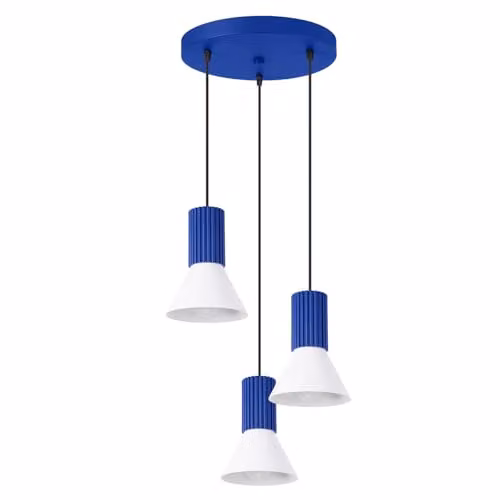 SOLLUX lighting Lampada a Sospensione - Lampada a Pendolo - Lampada da Soffitto Acciaio Alluminio - 3 Paralumi - Lampada LED Lampadina - Bianco Blu Ultramarino Estria