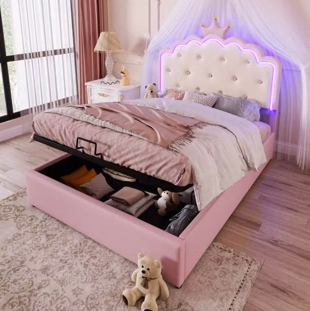 Letto imbottito 140x200 cm con luce LED e vano contenitore; PU rosa (Senza materasso)
