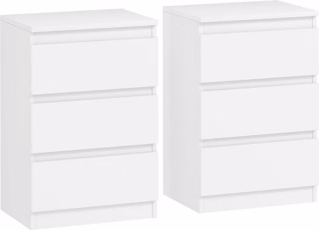 Set di 2 Comodini HOMCOM con 3 Cassetti per Camera da Letto e Soggiorno, Bianco, L 40 x P 30 x H 59,5 cm