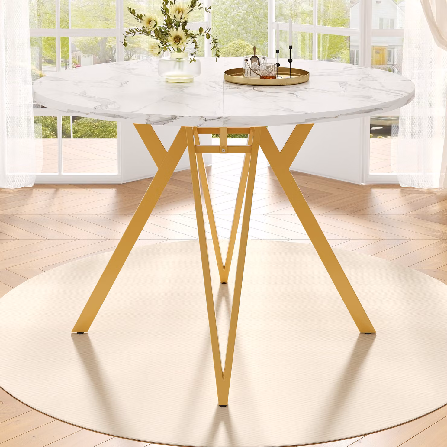 Tavolo da pranzo Flieks, tavolo rotondo 100x100x76 cm, tavolo da cucina con piano marmorizzato e gambe in metallo, dorato