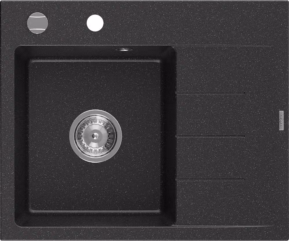 Mexen Ben lavello in granito monovasca con sgocciolatoio, sinistro 600 x 500 mm, nero/argento metallizzato, sifone cromato