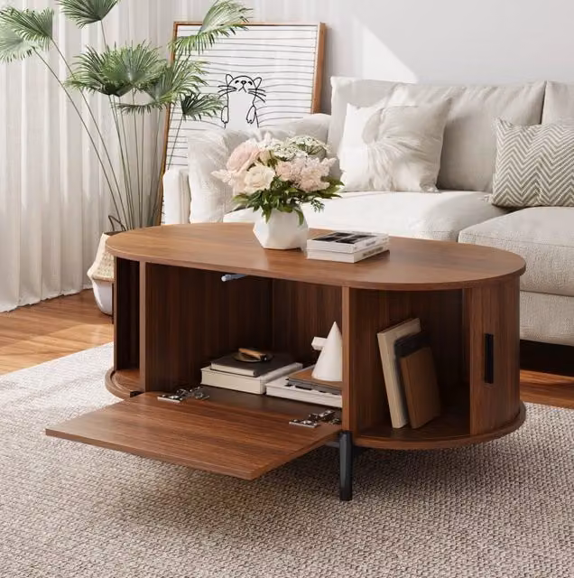 Tavolino da salotto ovale MODFU in MDF e rattan color noce e nero con meccanismo di sollevamento L/P/H: 100 x 50 x 40 cm