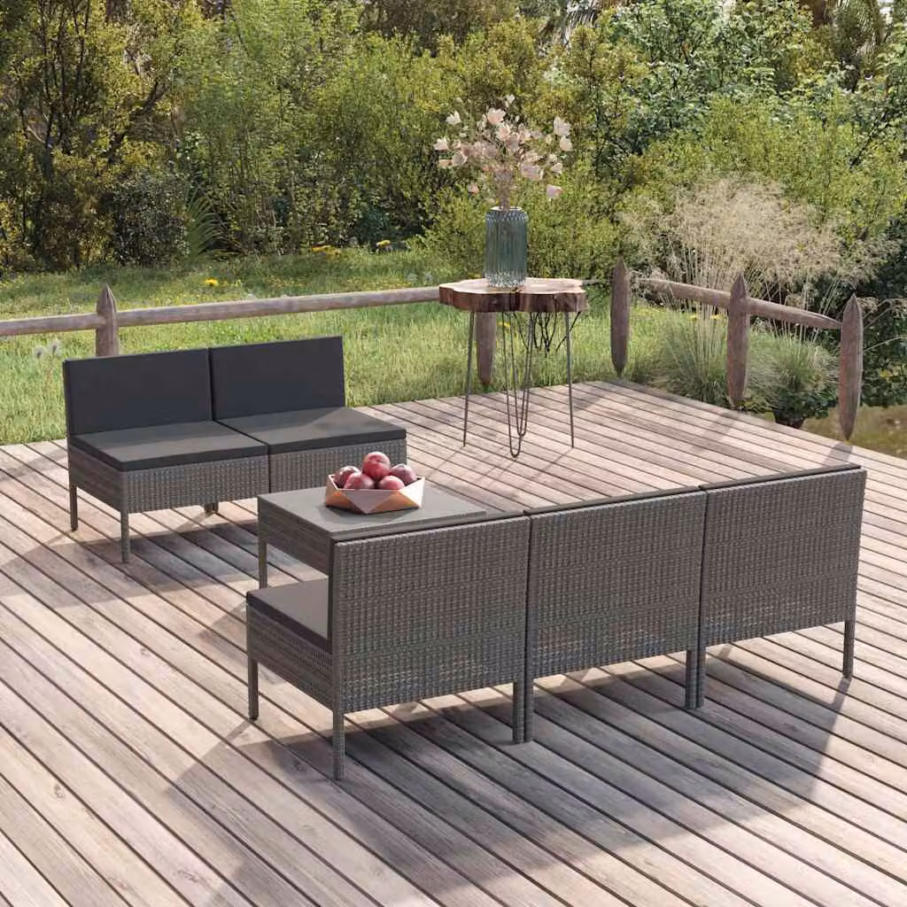 Set di divani da giardino vidaXL a forma di L composto da 9 pezzi con cuscini, struttura in metallo e design in rattan color antracite e grigio