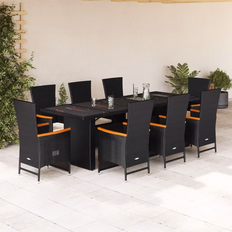 vidaXL Set da Pranzo da Giardino 9 pz in Polyrattan e Legno di Acacia con Cuscini Nero e Bianco