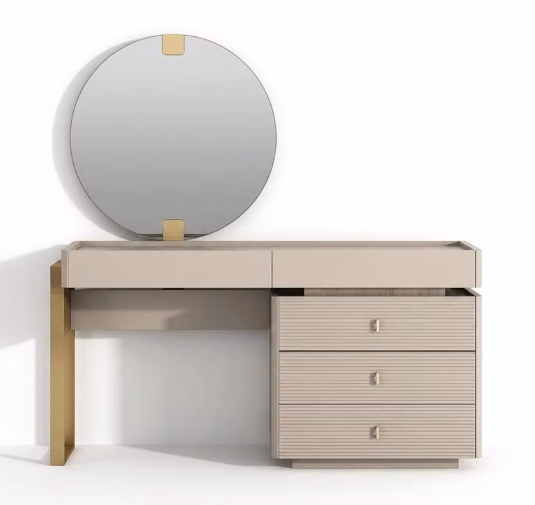 Comò da trucco moderno, beige, con 3 cassetti e specchio rotondo, ideale per la camera da letto