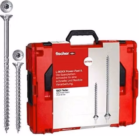 Fischer L-Boxx Set Viti PowerFast II 1801 Pezzi in Acciaio Zincato con Attacco Torx per Legno Blu Passivato