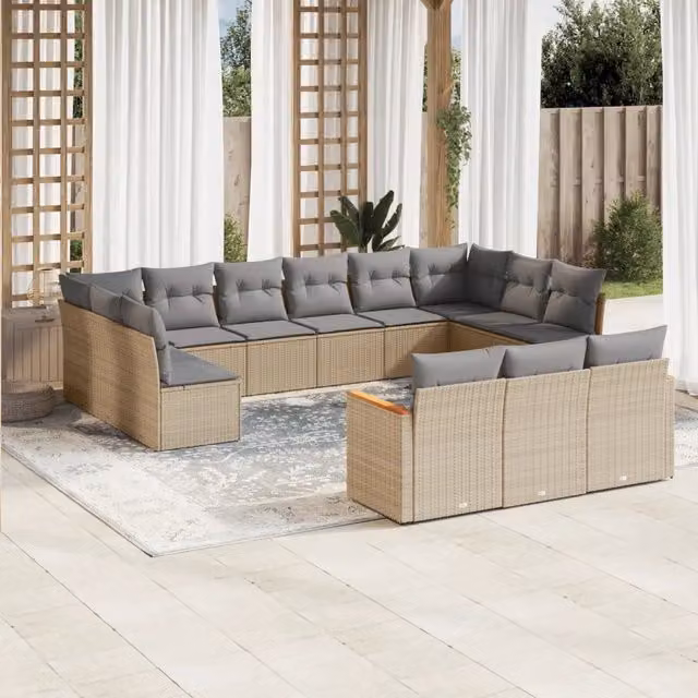 Set Divano da Giardino VIDAXL a Forma a U in Polyrattan con Cuscini Beige, 13 Pezzi – 1