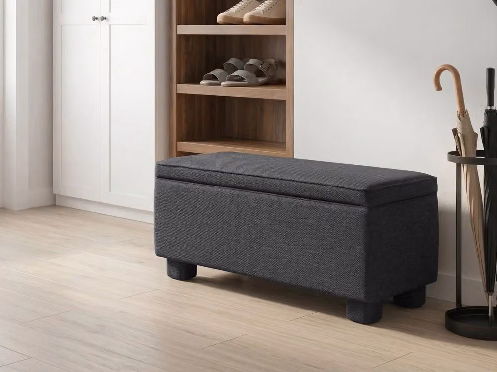 Panca da ingresso con contenitore BELIANI in tessuto nero con gambe in legno di pioppo e piano ribaltabile stile moderno L: 120 cm, P: 45 cm, H: 40 cm – 2