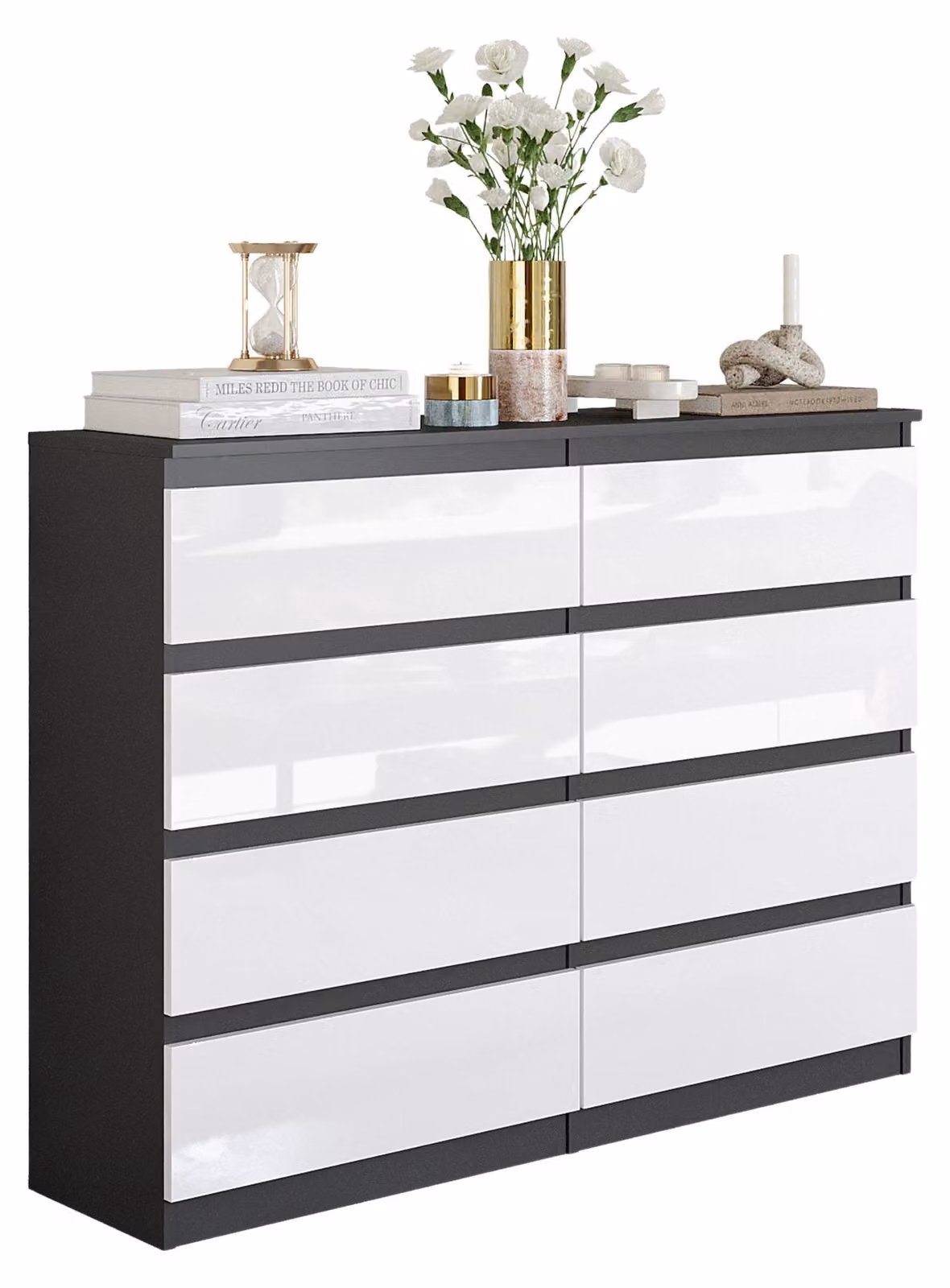 Comodino antracite grigio / bianco lucido con 8 cassetti – Mobile contenitore moderno per camera da letto e soggiorno – Comodino spazioso – GABRIEL