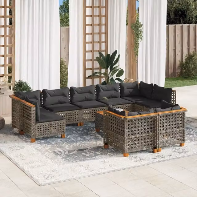 Set Divano da Giardino 10 Pezzi vidaXL in Polyrattan Grigio con Cuscini e Tavolino da Esterno – 1