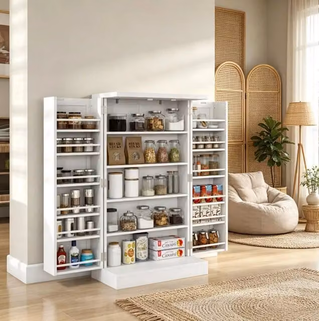 Armadio da Cucina in MDF Bianco 60x30x104 cm con Ripiani Regolabili e Doppie Ante
