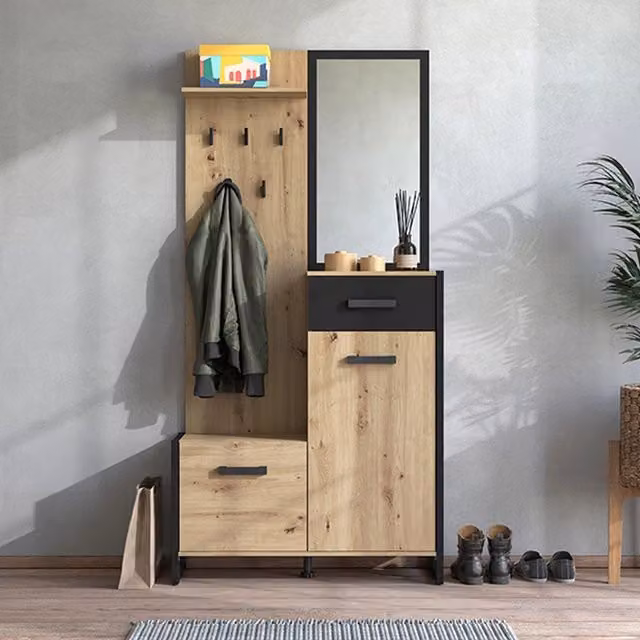 DMORA Mobile da Ingresso Moderno con Ante Scorrevoli e Specchio, Rovere Marrone Opaco, L: 94.5 cm, P: 33.5 cm, H: 191 cm