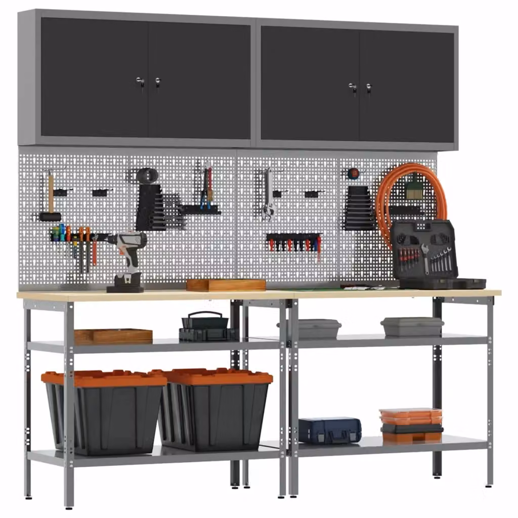 Set banco da lavoro vidaXL 8 pz in metallo con pannello forato e altezza regolabile, Nero e Grigio – 2