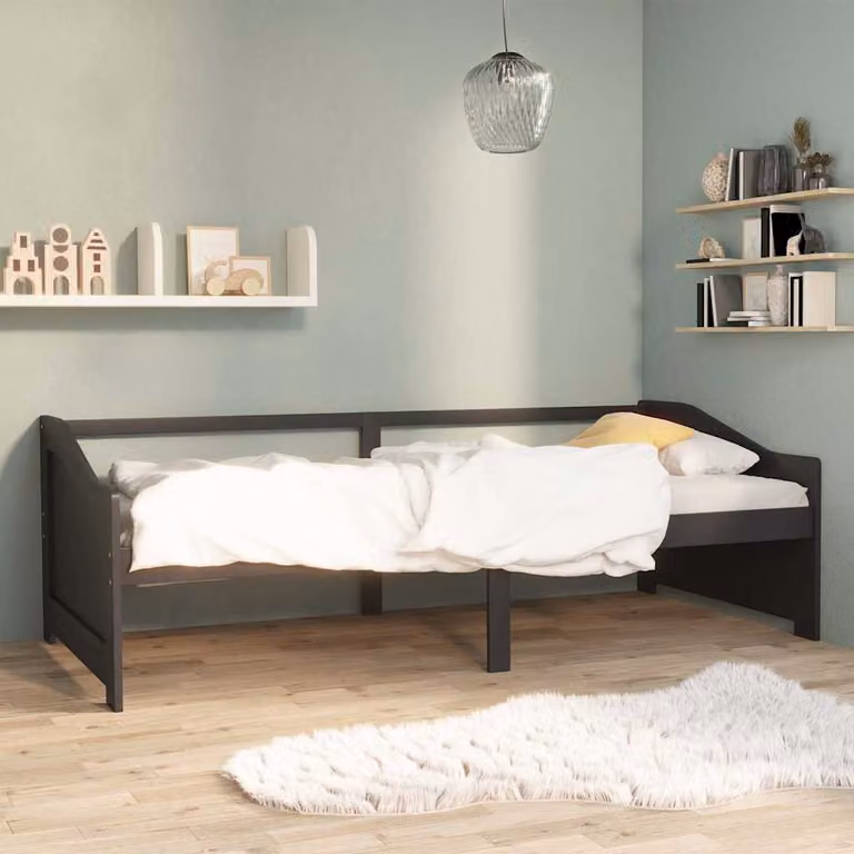 vidaXL Divano Letto a 3 Posti Moderno in Tessuto Grigio e Legno di Pino con Listelli Fissi L/P/H: 204 x 98 x 66 cm