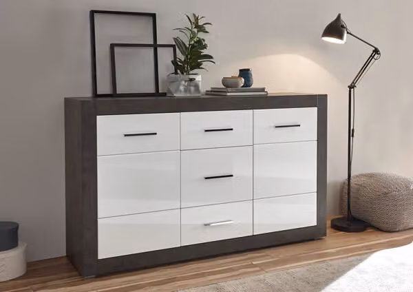 Credenza Etero 164cm cemento scuro / bianco lucido Cassettiera moderna