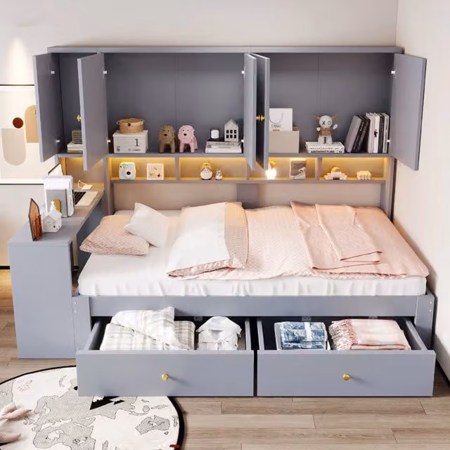 Letto singolo 90x200 cm multifunzionale con scrivania integrata; armadi; cassetti; LED e presa; grigio