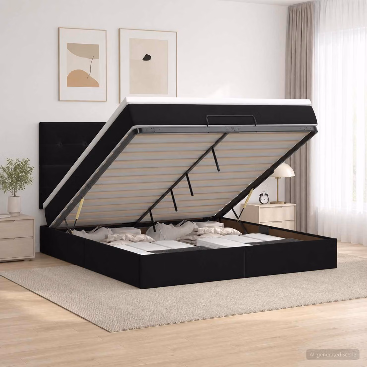 Letto ottomano con materasso vidaXL in velluto nero con contenitore a sollevamento L/P/H: 193 x 140 x 88 cm