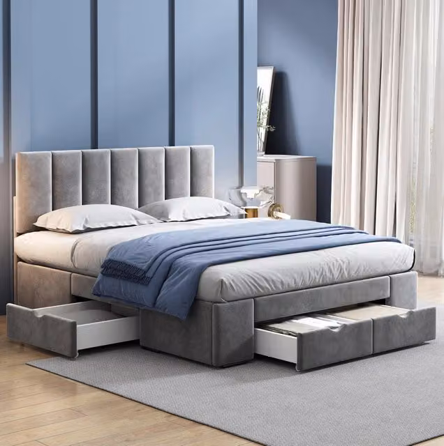 Letto matrimoniale imbottito 140x200 cm in velluto grigio con rete a doghe e 4 cassetti