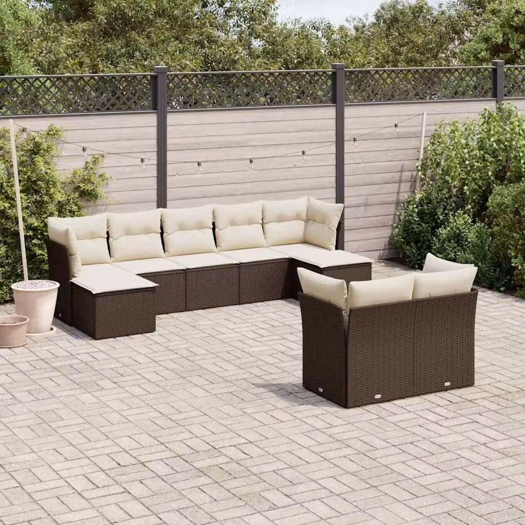 Set di divani da giardino vidaXL a forma di U composto da 9 pezzi con cuscini marroni e bianchi in rattan e metallo – 1