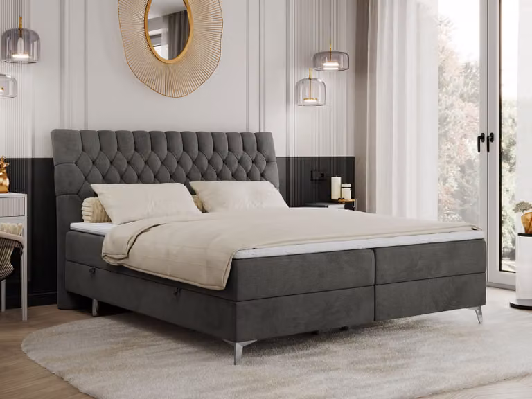 Letto con rete a molle 160x200 con 2 contenitori per biancheria, materasso e topper, letto imbottito 160x200, letto 160x200 - MILEN - 160x200 cm - Grigio scuro - Velluto - Durezza H3
