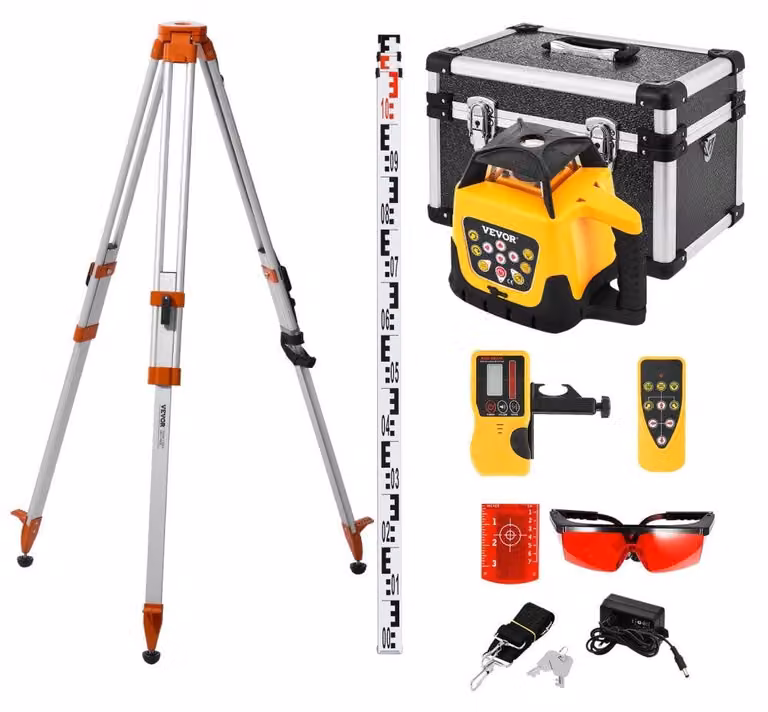 Livella laser a filo a rotazione - Portata di 300 metri - Materiale: ABS - Luce rossa - Include treppiede e metro a nastro