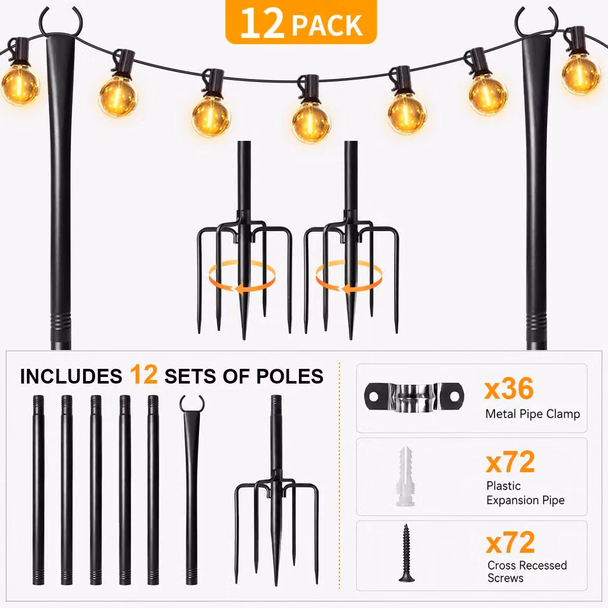 Pali per luci decorative – Illuminazione esterna – Set da 12 pezzi – Realizzati in resistente plastica ABS – Impermeabili – Altezza regolabile – Con picchetto per il fissaggio a terra – Ideali per giardino e terrazza