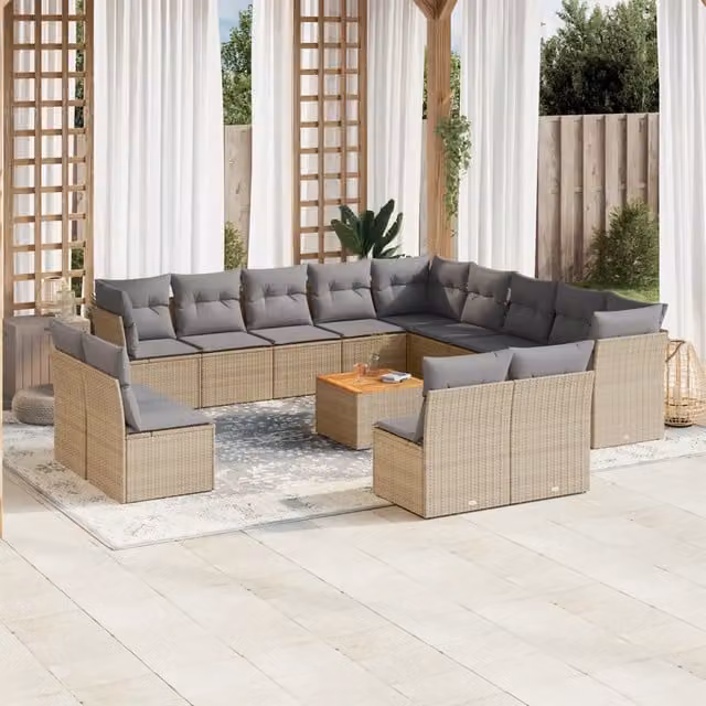 Set Divano da Giardino a Forma di U vidaXL in Polyrattan con Cuscini Beige e Grigio, 14 Pezzi