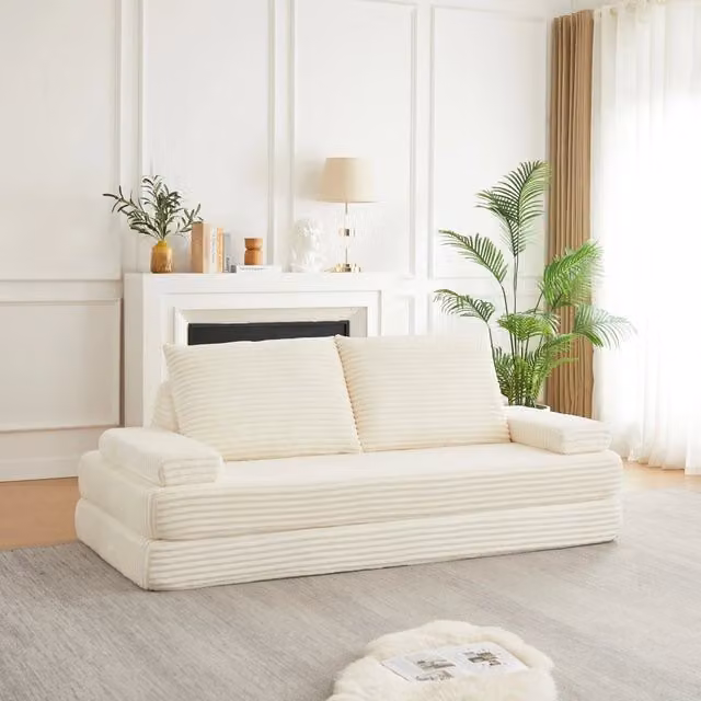 Divano modulare Mivray in velluto a coste beige con schienali triangolari e braccioli removibili L/P/H: 211,5 x 62 x 106,5 cm