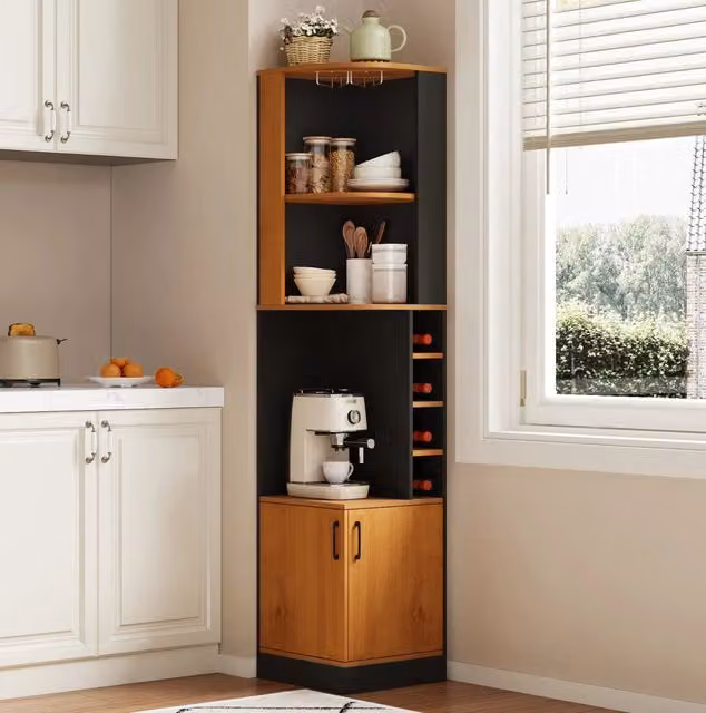 Mobile angolare alta 40×40×182 cm con cantinetta vini e porta bicchieri in MDF per cucina e soggiorno
