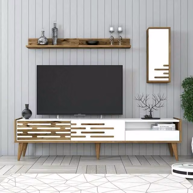 Mobile porta TV DMORA per soggiorno, Credenza moderna in legno e plastica, L: 180 cm, P: 45 cm, H: 35 cm, Bianco – 1