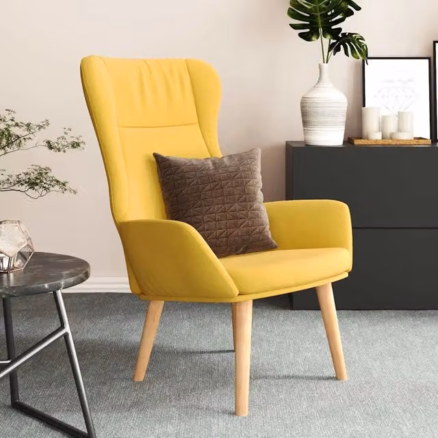 Poltrona Relax Moderna in Tessuto Giallo con Braccioli e Struttura in Legno e Metallo